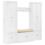 Crosley Furniture - Harper 4-Piece Entryway Set, White, Bench, Shelf, and 2 Pantry Closets - The Harper 4pc Entryway Set offers a great combination of storage solutions for your foyer or mudroom. Pantry closets provide adjustable and removable shelves, plus full-extension drawers. Without the shelves, the pantry closets offer hanging storage when you add the additional double hooks. Tucked between the pantry closets is an entryway bench with a cushioned seat and a wall-mounted shelf. Featuring label holder hardware, each storage drawer can be customized with personal labels. Every component of the Harper 4Pc Entryway Set is modular, allowing for flexibility and the look of genuine built-in storage.