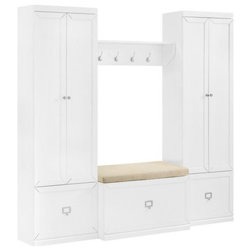 Harper 4-Piece Entryway Set, White, Bench, Shelf, and 2 Pantry Closets