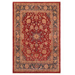 Bareens Designer Rugs - Classic Ziegler Mayra Red Blue Hand-Knotted Wool Rug - 8'4'' x 9'11'' - Enhance the ambiance of your home with this magnificent Persian-influenced Turkish hand-knotted rug made by skilled artisans capable of creating the most exceptional vegetable dyes and hand-spun wool. This exquisite handmade rug is a one-of-a-kind Peshawar Kafkaz, otherwise identified as Chobi, Chobi Peshawar, Oushak, or Ziegler rug. These handmade rugs are crafted in Pakistan utilizing superior-quality wool imported from Australia, New Zealand, and Korea in two types of weaves: the Persian weave and the Mori weave. This rug is meticulously crafted by hand using the finest natural vegetable dyes extracted from local plants. The artisans use a blend of hand-spun local and fine merino wool, resulting in a rug with a compelling texture, higher lanolin content, and longer staple. The artisans occasionally incorporate natural or artificial silk into the pile to enhance specific motifs. The finished product is an awe-inspiring execution of flawless design and an understated palette that exudes elegance.