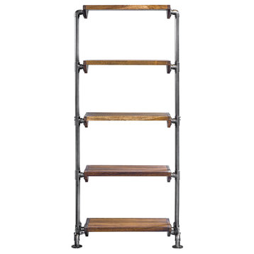 Minimalist Industrial Wood Metal Pipe Etagere 5 Shelves Open Plank Urban Loft