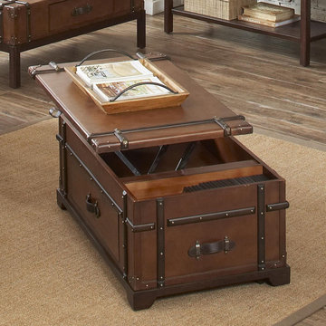 Riverside Latitudes Steamer Trunk Lift top Cocktail Table in Aged Cognac Wood