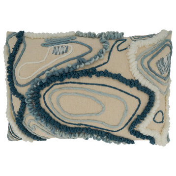 Throw Pillow Cover With Topography Embroidered Design, 16"x24", Blue