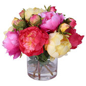 Flora Bunda 9 Artificial Silk Peony Arrangement in Glass Pot, Pink