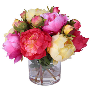 Silk French Peonies Bouquet in Glass Vase With Fake Water