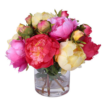 Silk French Peonies Bouquet in Glass Vase With Fake Water