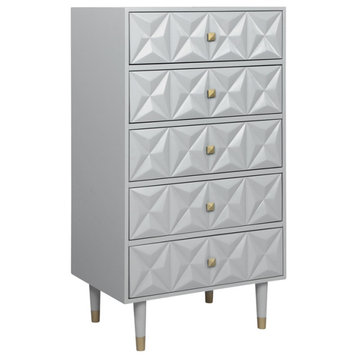 Linon Alick Wood Geo Texture 5 Drawer Chest with Gold Hardware in Gray