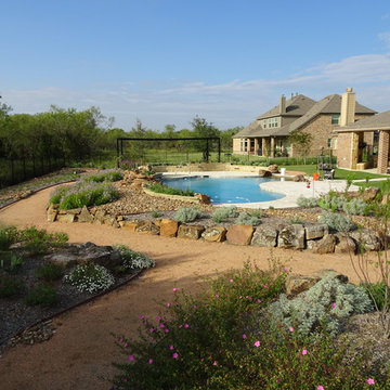 Rockwall Backyard Landscape, Paths, Boulders, Mounds, Pergola and Horshoe Pit
