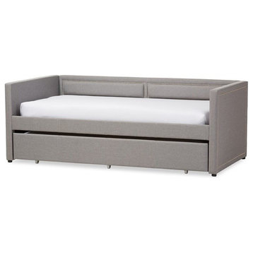 Raymond Linen Nail Heads Trimmed Sofa Twin Daybed With Trundle Bed, Gray