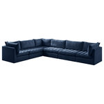 Meridian Furniture - Jacob Velvet Upholstered 6-Piece L-Shaped Modular Sectional, Navy - Create the ideal seating arrangement for your space when you pick and choose the elements you like mostincluding this Jacob velvet modular sectional. Mix and match items in the Jacob collection to bring your living space or family room together with a personalized slant. Soft navy velvet upholstery is soft and welcoming to the touch, adding a luxurious feel to everyday seating. Deep channel tufting adds to the piece's durability, and latches underneath the unit make it easy to attach to other pieces in the collection.
