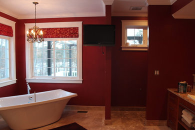 Example of a trendy bathroom design in Boston with red walls