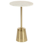 Uniek - Tira Round Side Table, Gold 14x14x24 - Offer your home a posh, sophisticated pedestal accent with the lovely Tira side table. This bold end table was inspired by elegant minimalism, with a pedestal-like metal base and a simple, round tabletop. This glamorous table was handcrafted in India by skilled, passionate artisans out of authentic white marble and resilient metal, giving it a look and construction that is unique from piece to piece. This marble side table is fabulous for serving cocktails on coasters, displaying decorative accents and keepsakes, or storing household items. The Tira round accent table's overall dimensions are 14 inches wide by 14 inches deep by 24 inches tall, which makes it an excellent pairing with a couch, bed, entryway, or armchair. It makes a fantastic statement that will command attention without overpowering your other decor pieces. The Tira is an excellent addition to any living room, bedroom, bathroom, dining room, or entryway, and with a protective felt bottom, it won't damage your hard surfaces. The two-step assembly process will make sure your new drink table will be ready in an instant.