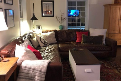 Living room - large cottage living room idea in Burlington with white walls