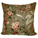 Studio Design Interiors - Mystique 90/10 Duck Insert Pillow With Cover, 22x22 - The garden is alive with life as birds and butterflys make their way among the flowers on this pastoral motif pillow. With a mushroom green woven ground, soft colors of butter, red, purple and aqua are serene and warm. Finished with a striped coodinated sage green back.