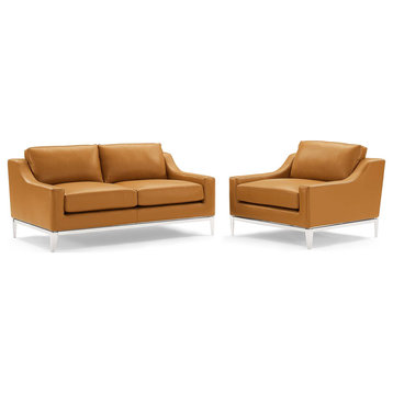 Harness Stainless Steel Base Leather Loveseat and Armchair Set, Tan