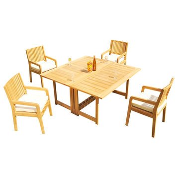 5-Piece Outdoor Teak Dining Set: 60" Square Butterfly Table, 4 Maldive Arm Chair