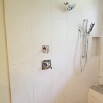 Shower head, faucets, bench and shelf