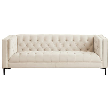 Augustus Mid-Century Modern Luxury Chesterfield Genuine Leather Sofa, Cream