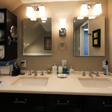 Cream Beige Quartz Countertops and Belled Vanity Lighting