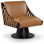 Meridian Furniture - Millwin Upholstered Swivel Accent Chair, Cognac, Vegan Leather, Black Finish - Revitalize your space with the Millwin cognac vegan leather swivel accent chair, featuring a sleek vegan leather upholstery that marries modern elegance with eco-friendly craftsmanship in a unique art deco manner. This stylish chair offers smooth 360-degree swivel functionality on a black wood frame and base, making it a versatile choice. Its contemporary design and plush cushioning provide both comfort and visual appeal, adding a sophisticated touch to any setting.