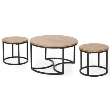 3 Pieces Coffee Table Set, Nesting Design With Metal Frame & Round Fir Wood Top