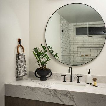 Oak Vanity Bathroom with Round Mirror and Matte Black Fixtures | Organic Modern