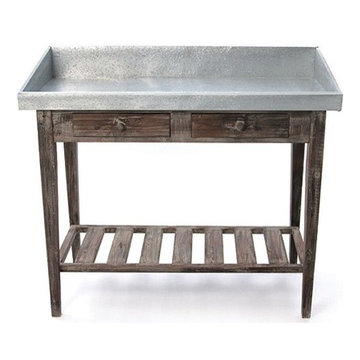 Weathered Wood Potting Table With Galvanized Metal Top