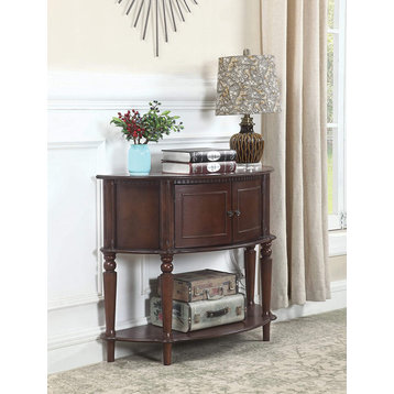 Classic Console Table, Curved Design With Carved Legs and Center Cabinet, Brown