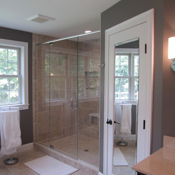 Transitional Freestanding Master Bath remodel with a two person alcove symmetric
