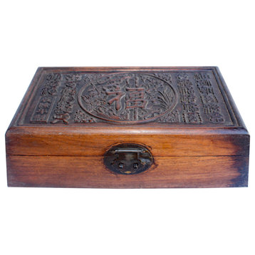Chinese Brown Relief "Fok" Characters Motif Rectangular Storage Box Chest ws1049