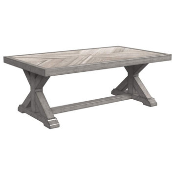 Farmhouse Outdoor Dining Table, Crossed Trestle Base With Porcelain Top, Beige