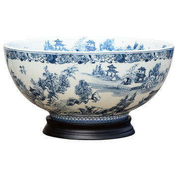 Chinese Blue and White Blue Willow Porcelain Bowl With Base, 14"