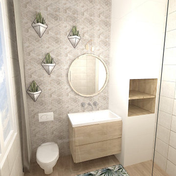 Une salle de bain mosaïque et bois