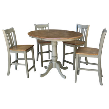 36" Round Extension Dining Table With San Remo Counter Height Stools, Distressed Hickory/Stone, 5 Piece