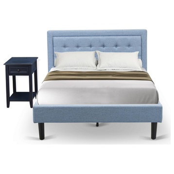 2-PieceFannin Full Size Bed Set, 1 Full Bed, End Table For Bedroom, Denim Blue
