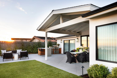 Inspiration pour une terrasse arrière design de taille moyenne avec une cuisine d'été, une dalle de béton et une extension de toiture.