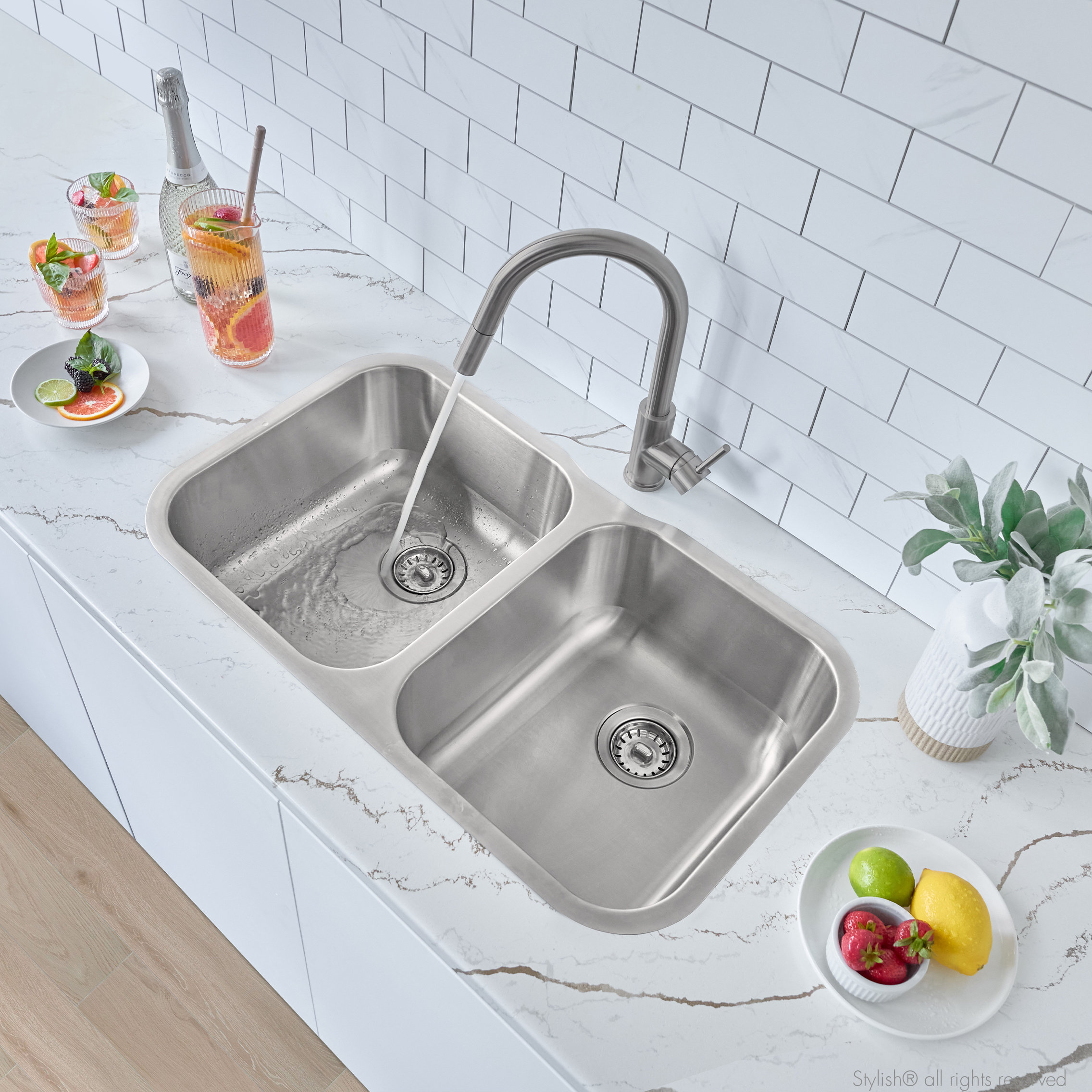 STYLISH Jaspel Dual Mount 32" Double-Bowl Stainless Steel Kitchen Sink