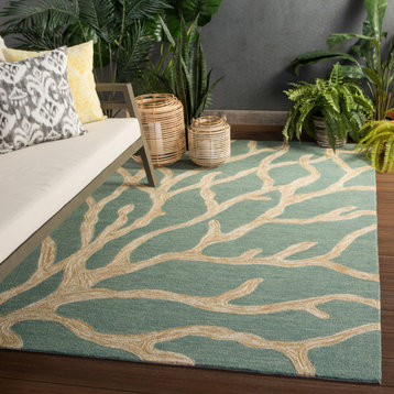 Jaipur Living Coral Indoor/Outdoor Abstract Teal/Tan Area Rug, 7'6"x9'6"