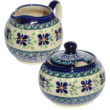 Polish Pottery Sugar Bowl and Creamer, Pattern Number: du121