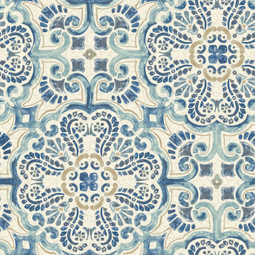 NuWallpaper by Brewster NUW2235 Blue Florentine Tile Peel & Stick Wallpaper