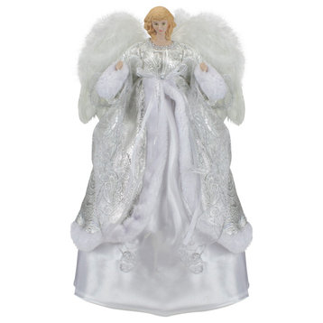 18" Blonde Angel in White/Sliver Dress with Faux Fur Trim Tree Topper