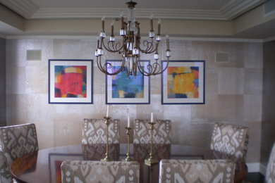 Mid-sized elegant dark wood floor enclosed dining room photo in Chicago with multicolored walls