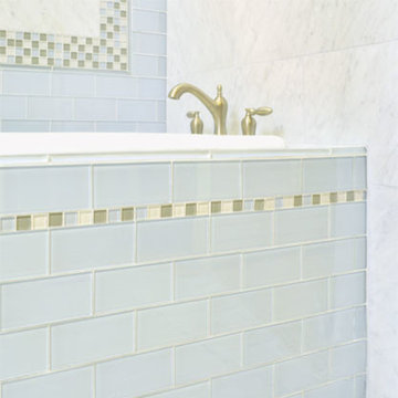 Powder Blue Glass Subway Tile with Mosaic Liner