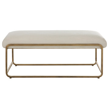 Beautiful white fabric bench in antique brushed brass