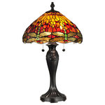 Dale Tiffany - Reves Dragonfly Table Lamp - Your room will be awash with brilliant color when you chose our Reves table lamp. A background of vivid red, orange and yellow art glass is accented with art glass jewels in complementary colors for extra sparkle and texture. A row of iridescent green and yellow dragonflies, complete with red art glass jewel ?eyes,? run along the bottom edge of the shade. The metal base is finely cast with a fleur de lis pattern and is finished in a rustic fieldstone. Vibrantly stunning displayed on its own, try pairing the table lamp with either of its corresponding ceiling fixtures for a spectacular effect.