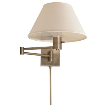 Classic Swing Arm Wall Lamp in Antique Nickel with Linen Shade