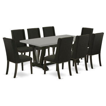 East West Furniture V-Style 9-piece Wood Dining Set with Linen Seat in Black