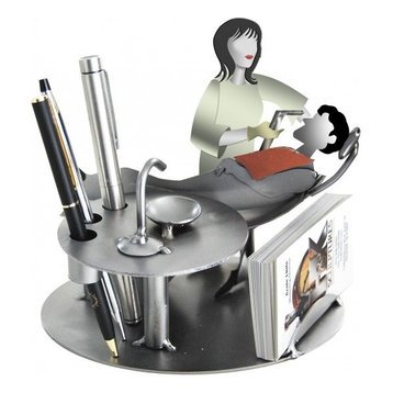 Female Dentist With Patient Business Card Holder and Metal Figurine