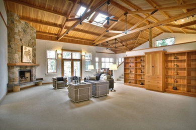 Huge mountain style formal and open concept carpeted and gray floor living room photo in Portland with white walls, a standard fireplace and a stone fireplace