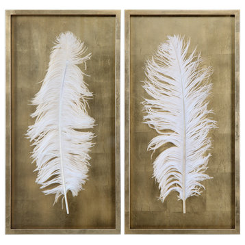 Uttermost Feather Shadow Boxes, Set of 2, Gold and White, 17.13"x33.63"
