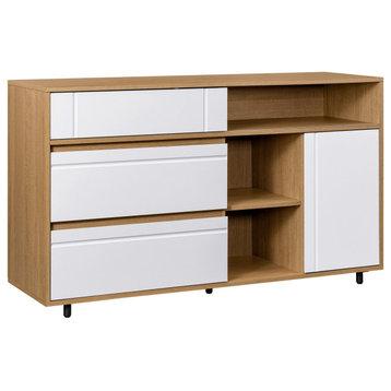 Contemporary Sideboard, Multiple Storage Drawers & Open Cubbies, White/Oak